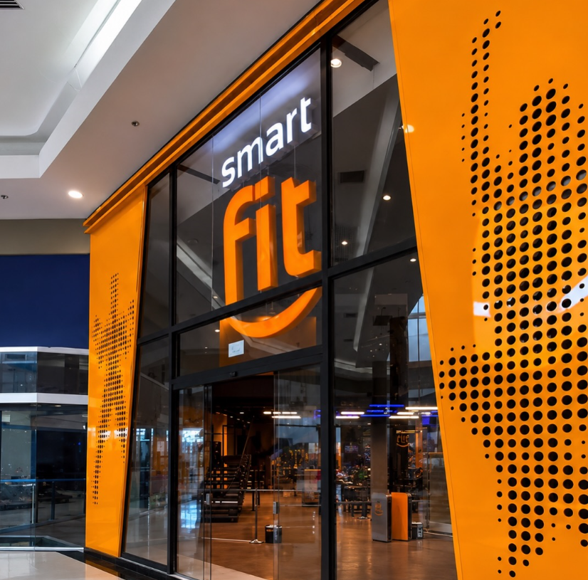 Fachada em ACM laranja com letra caixa iluminada Smart Fit